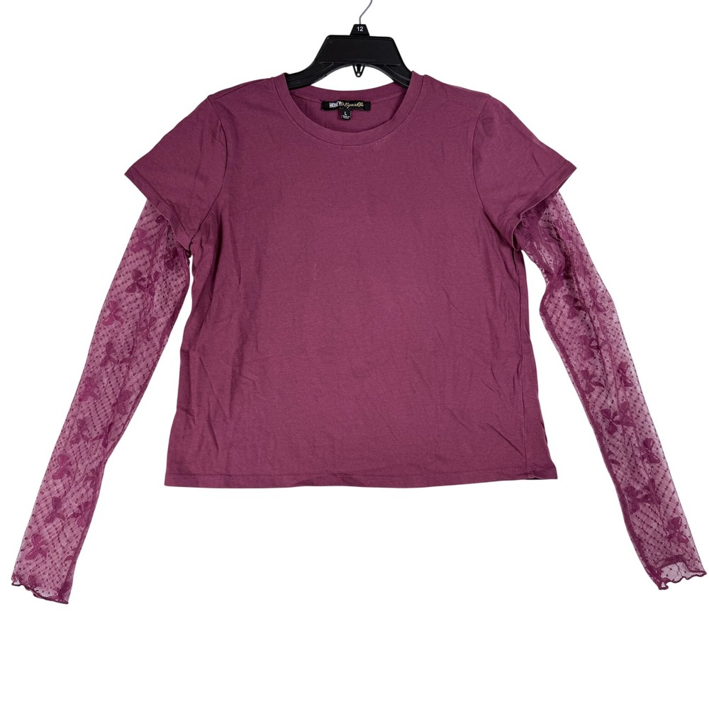 Honey & Sparkle Layered Top Womens Large Plum Floral Lace Mesh Sleeve Grunge